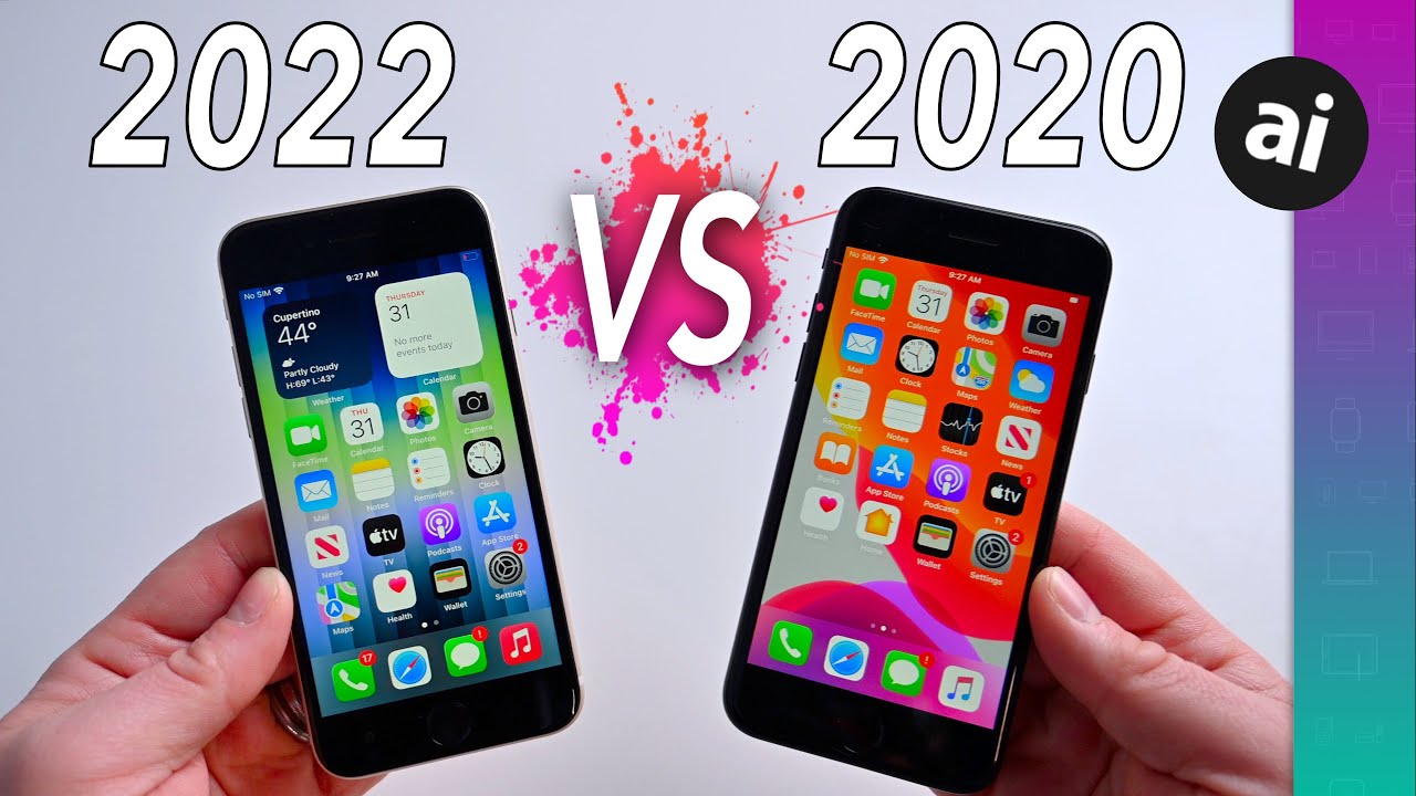 Two hands holding iPhones displaying "2020 vs 2022," comparing iPhone SE models from different years.