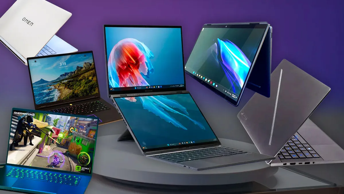 A collage of the best refurbished laptops for students in 2025 showcases various designs and screens displaying vibrant images. They are artfully arranged on a modern, circular platform against a striking purple gradient background.