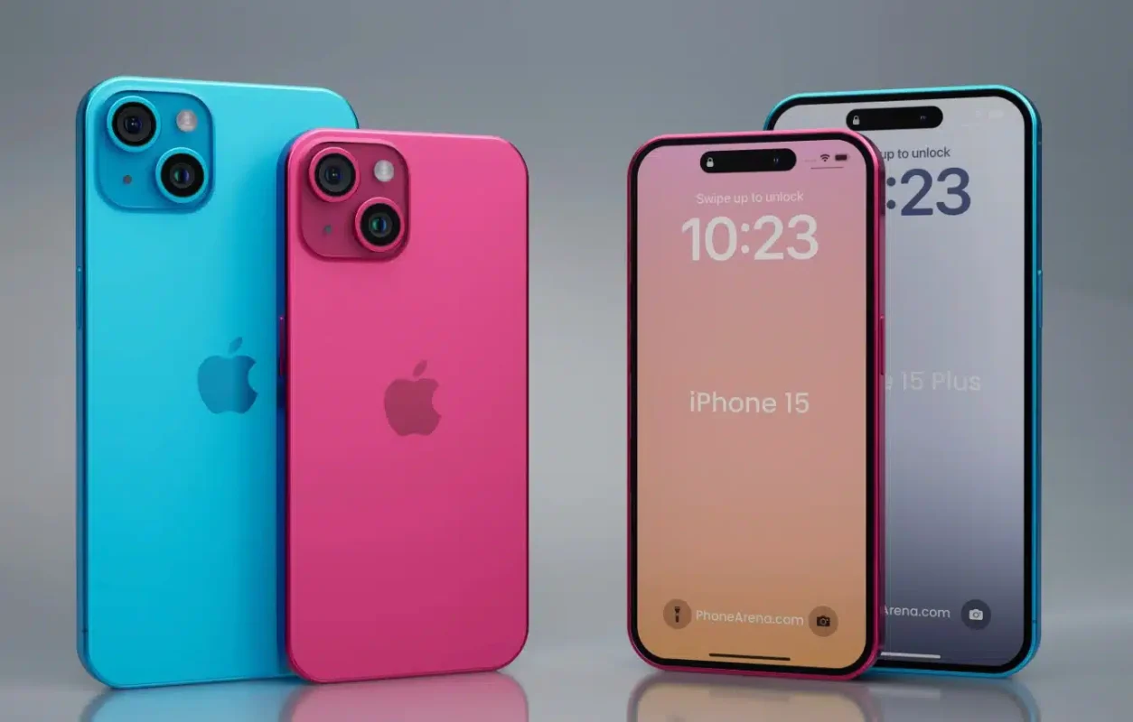 Several smartphones are displayed, featuring vibrant blue and pink cases. One screen shows the time as 10:23, labeled iPhone 15. Nearby, an iPhone 15 Plus also displays the same time, offering a glimpse into the iPhone 15 vs iPhone 14 evolution.