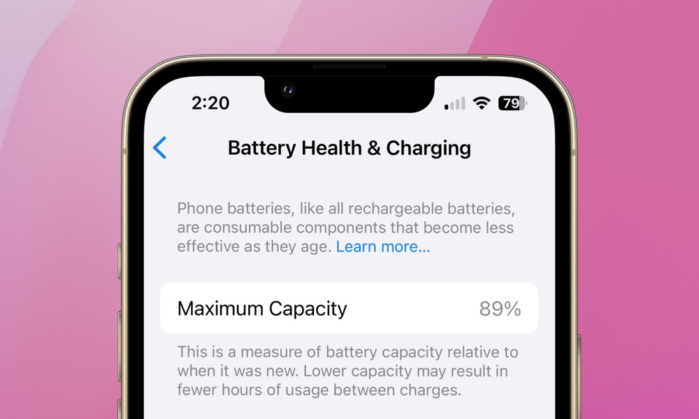 Close-up of a smartphone screen displaying battery health information, showing a maximum capacity of 89% and a brief explanation.