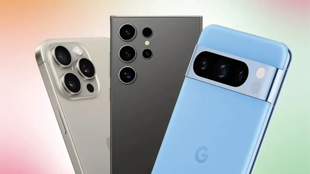 Three smartphones in focus: a silver iPhone with triple cameras, a black Samsung with multiple lenses, and a blue Google Pixel phone.