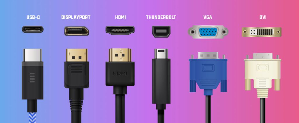 Image showing various video and data cables: USB-C, DisplayPort, HDMI, Thunderbolt, VGA, and DVI, against a gradient background.