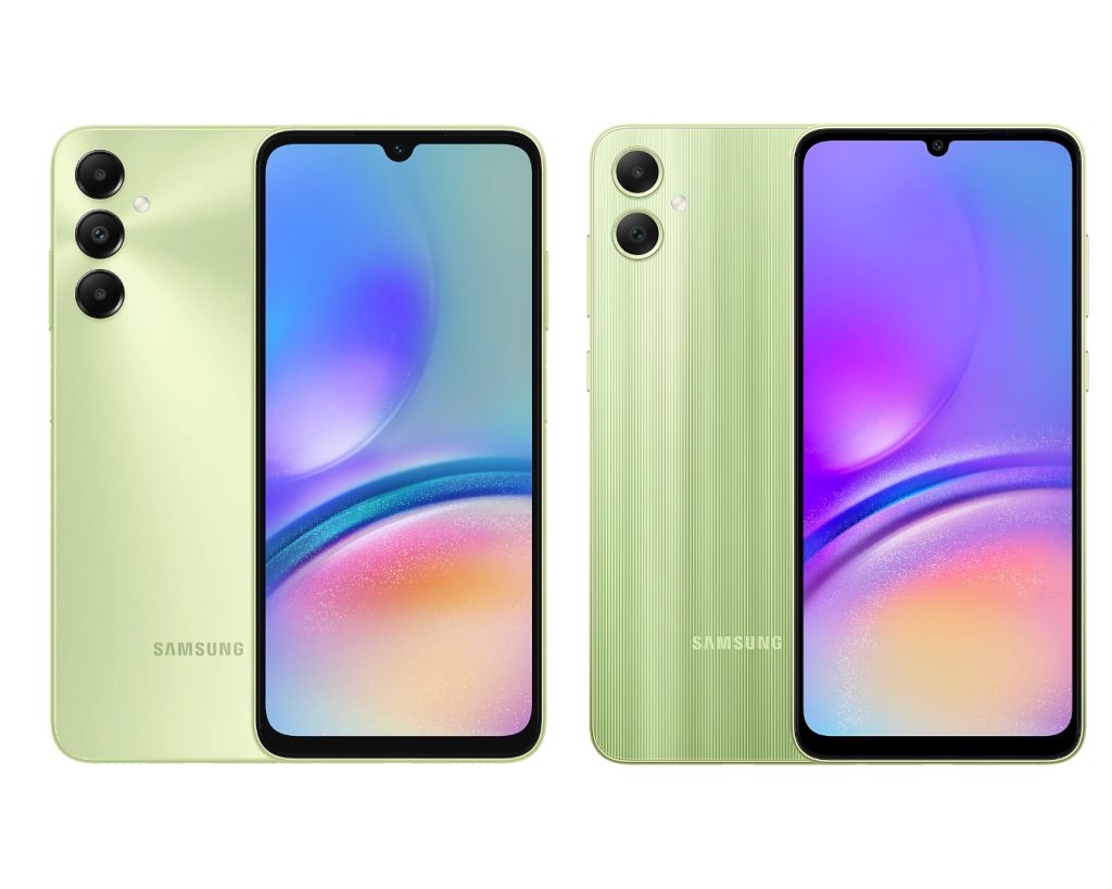 Two Samsung smartphones in mint green, showcasing their front and back designs with vibrant screens and stylish camera setups.