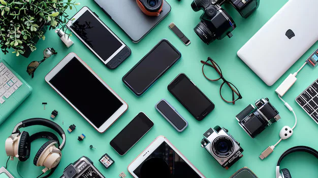 An overhead view of various electronic devices, including cameras, smartphones, headphones, laptops, and accessories, on a teal background.