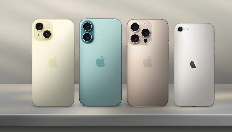 Four Apple iPhones in varying colors—yellow, blue, gold, and silver—displayed from the back on a light surface.