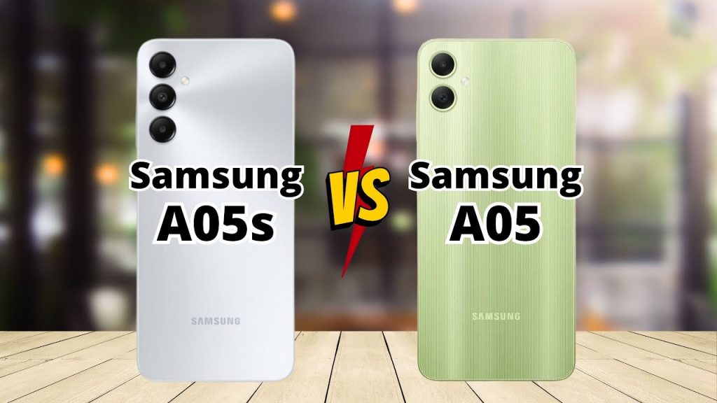 Side-by-side comparison of Samsung A05s in white and Samsung A05 in green, showcasing their designs against a blurred background.