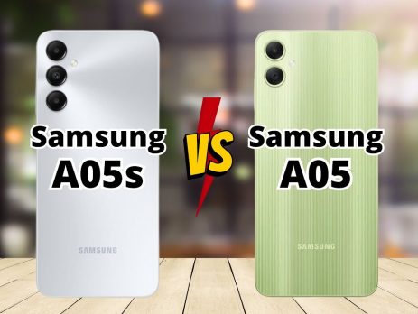 Side-by-side comparison of Samsung A05s in white and Samsung A05 in green, showcasing their designs against a blurred background.