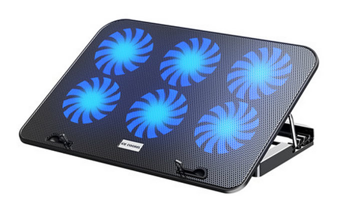 A laptop cooling pad featuring six blue LED fans and an adjustable stand for enhanced airflow and cooling efficiency.