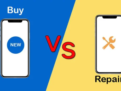 Graphic comparing "Buy" a new phone versus "Repair" an old one, featuring two smartphones with corresponding icons and colors.