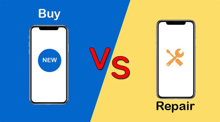 Graphic comparing "Buy" a new phone versus "Repair" an old one, featuring two smartphones with corresponding icons and colors.