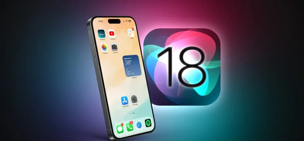 A smartphone displaying the iOS 18 interface, featuring various apps on a colorful gradient background with the iOS 18 logo.
