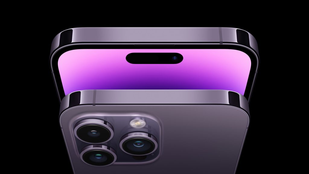 Top view of a sleek smartphone with a purple gradient screen and a modern camera module featuring three lenses on a black background.