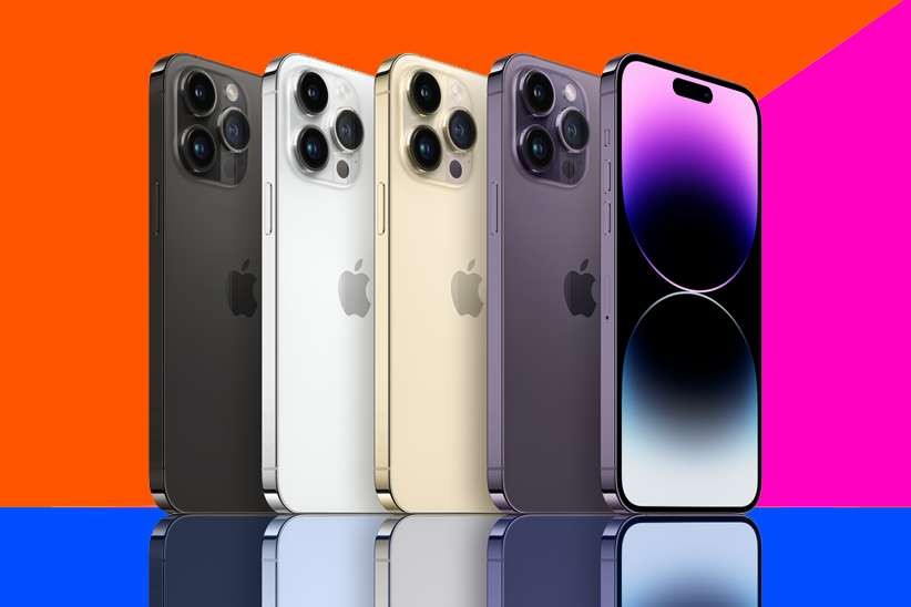 Five iPhone 14 Pro models in various colors against a vibrant geometric background, showcasing sleek design and advanced features.