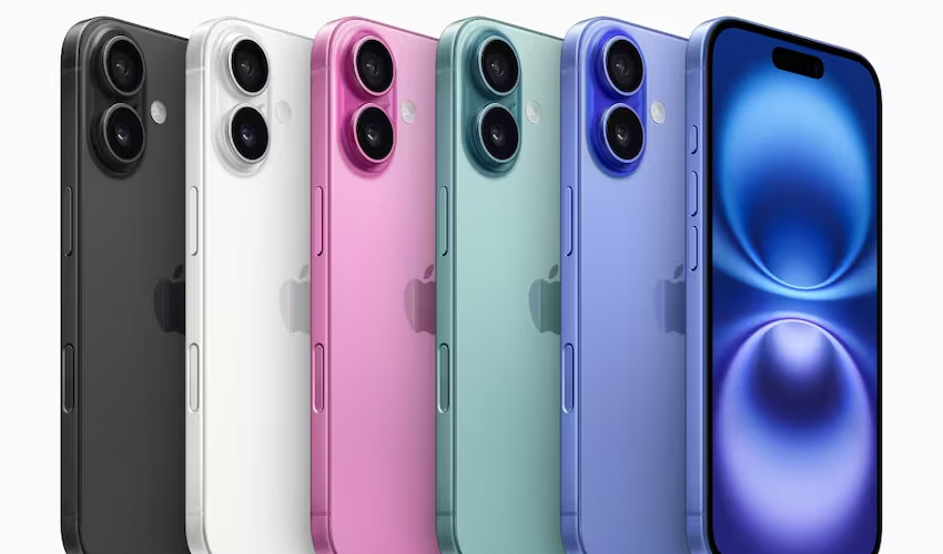 A lineup of colorful smartphones, including black, white, pink, green, and blue, with a sleek design and dual rear cameras.