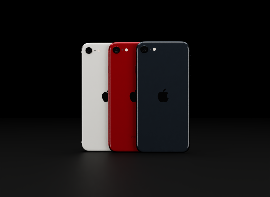 Three iPhone 7 models displayed: white, red, and black, featuring the Apple logo on the back against a black background.