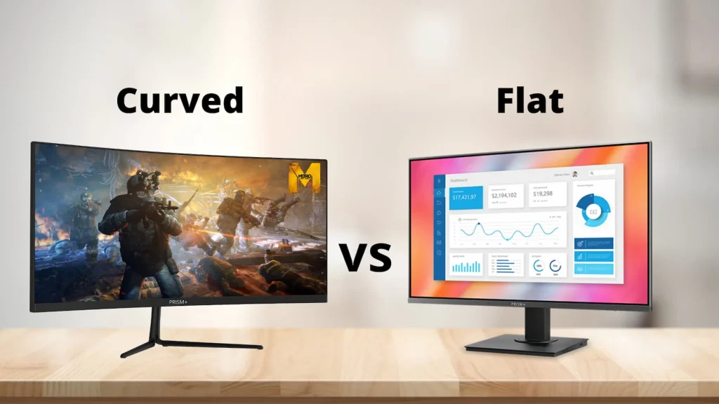 A side-by-side comparison of a curved monitor displaying a video game and a flat monitor showing business analytics, with Curved vs Flat above each screen, sparks the question: Curved vs flat monitor: which wins?.