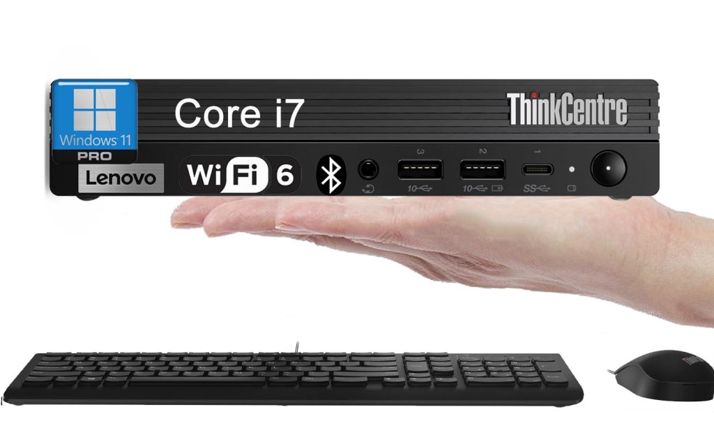 A hand holds a compact Lenovo ThinkCentre M70q Gen 4 computer featuring labels for Windows 11 Pro, Core i7, WiFi 6, and Bluetooth. Below are a black keyboard and mouse on a white background.