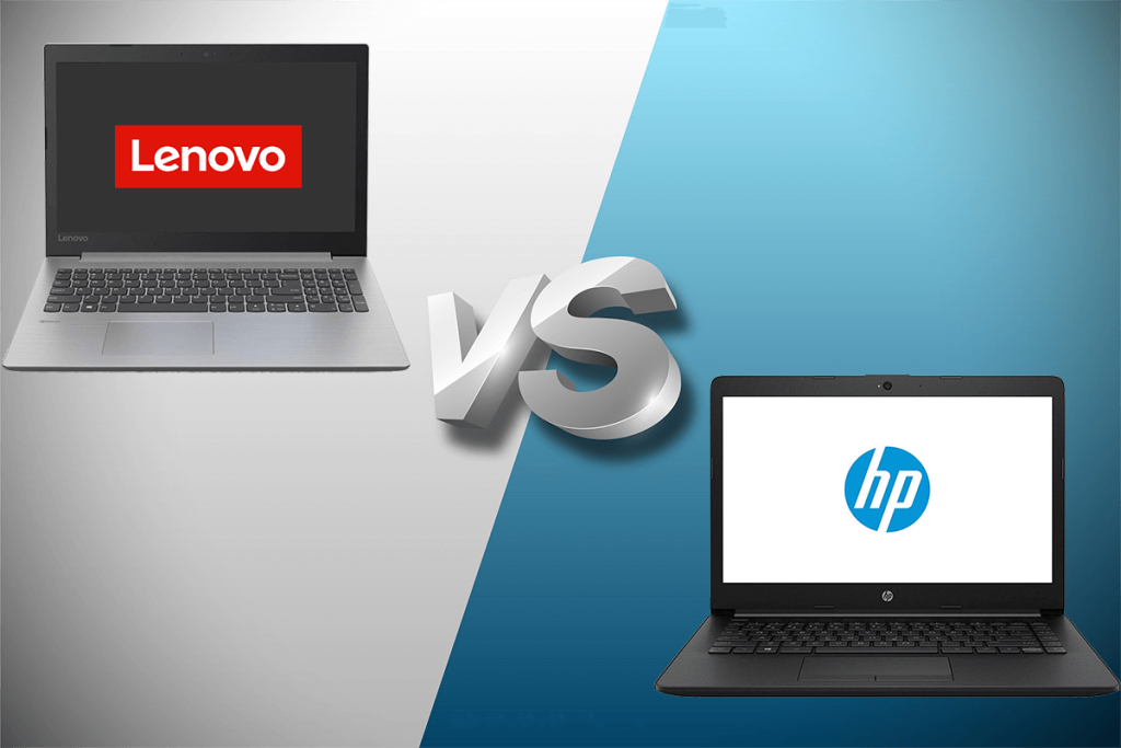 Split image showing a Lenovo laptop on the left and an HP laptop on the right, separated by a metallic VS symbol, visually highlighting the question: Lenovo vs HP Laptop Which is Better?.