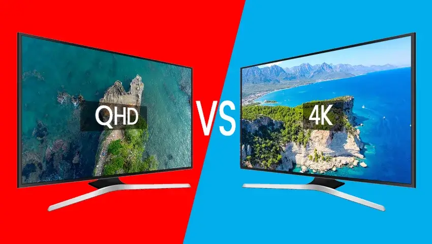 Two flat-screen TVs are shown side by side. The left TV displays QHD with a rocky coastline image, while the right shows 4K with a blue sea and sky. Why upgrade to a QHD or 4K monitor? VS is centered between them for comparison.