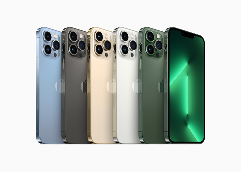 Five iPhones are shown in different colors—blue, black, gold, silver, and green—displayed vertically with one screen facing forward.
