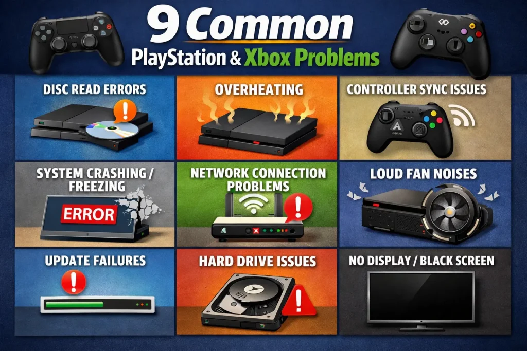 9 common PlayStation and Xbox problems and fixes infographic