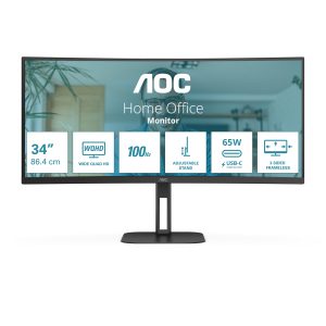 AOC Value-line CU34V5C/BK - V5 series - LED monitor - curved - 34" - 3440 x 1440 WQHD @ 100 Hz - VA - 300 cd/m² - 3000:1 - 4 ms - HDMI, DisplayPort, USB-C - speakers - matte black