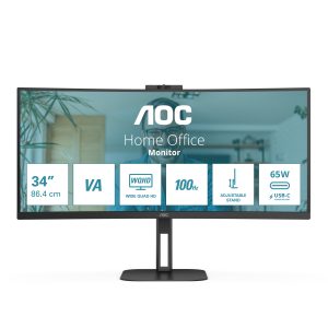 AOC Value-line CU34V5CW/BK - V5 series - LED monitor - curved - 34" - 3440 x 1440 WQHD @ 100 Hz - VA - 300 cd/m² - 3000:1 - 4 ms - HDMI, DisplayPort, USB-C - speakers - black