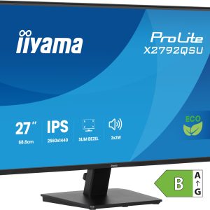iiyama ProLite X2792QSU-B1 - LED monitor - 27" - 2560 x 1440 WQHD @ 70 Hz - IPS - 350 cd/m² - 1000:1 - 5 ms - HDMI, DVI, DisplayPort - speakers - black, matte