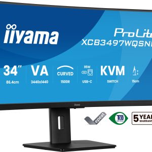 iiyama ProLite XCB3497WQSNP-B1 - LED monitor - curved - 34" - 3440 x 1440 UWQHD @ 120 Hz - VA - 350 cd/m² - 3000:1 - 0.4 ms - HDMI, DisplayPort, USB-C - speakers - matte black